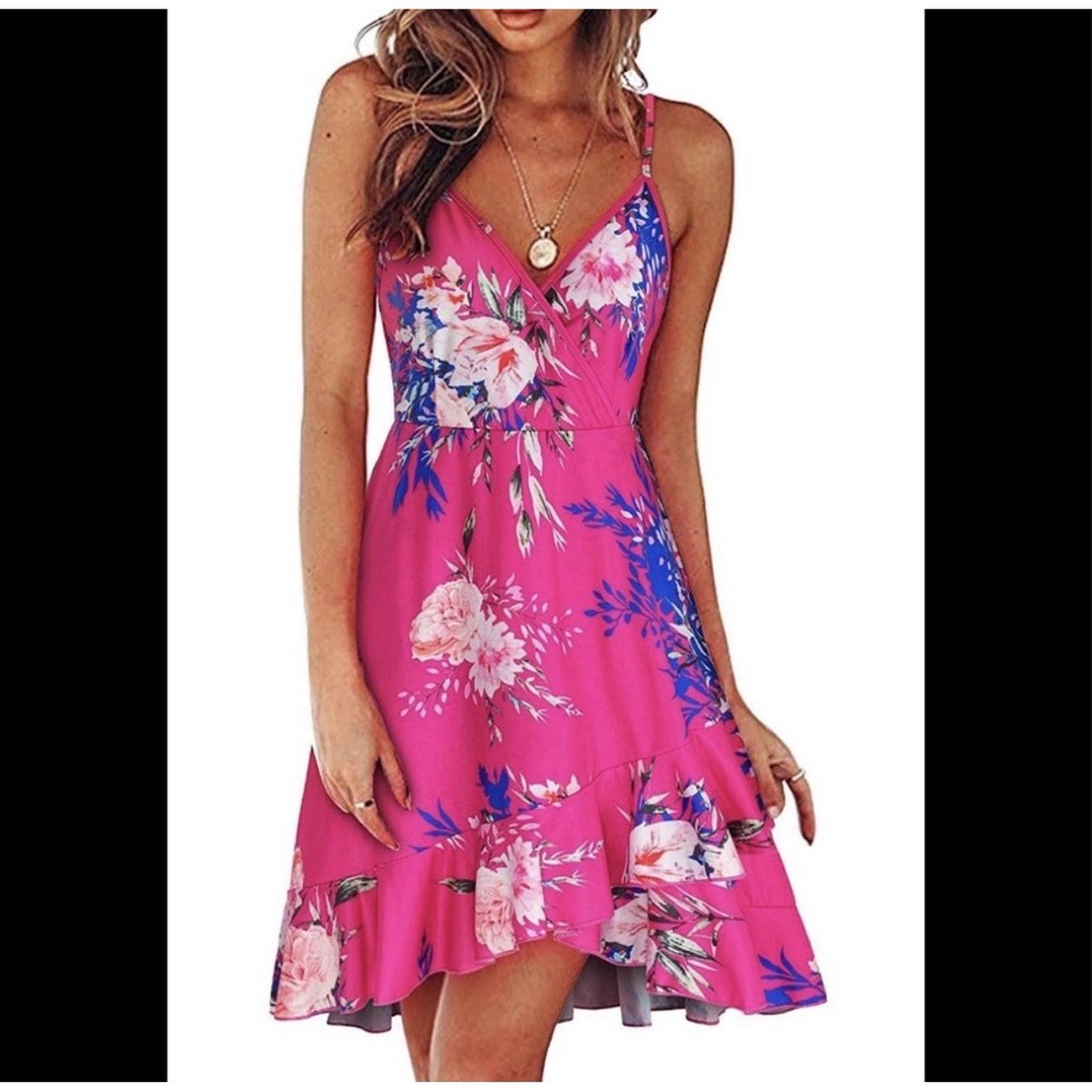 NWT ULTRANICE Womens Summer Floral Multi Color Wrap V Neck Ruffle Dress M Cotton